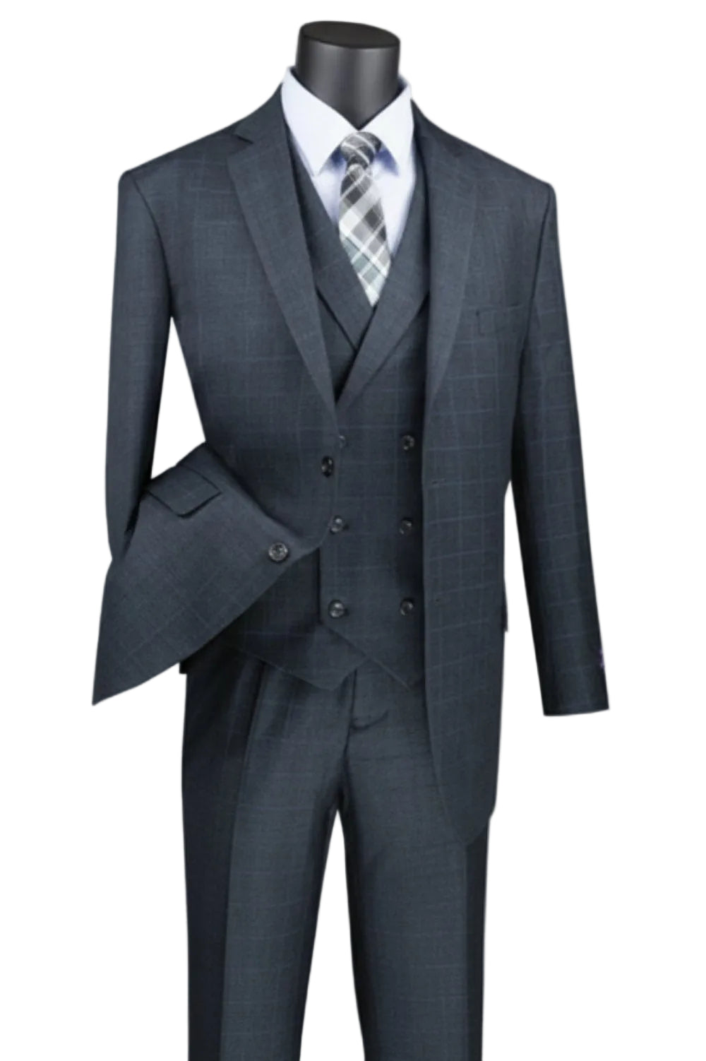 Venetian Collection - Charcoal Regular Fit Glen Plaid 2 Button 3 Piece Suit