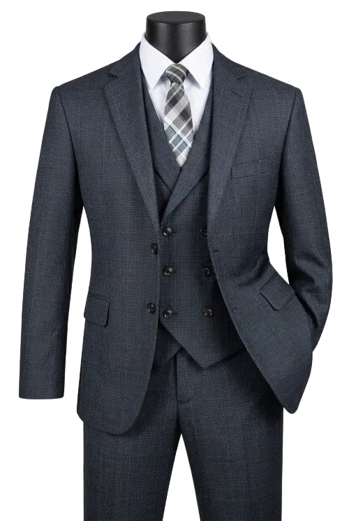 Venetian Collection - Charcoal Regular Fit Glen Plaid 2 Button 3 Piece Suit