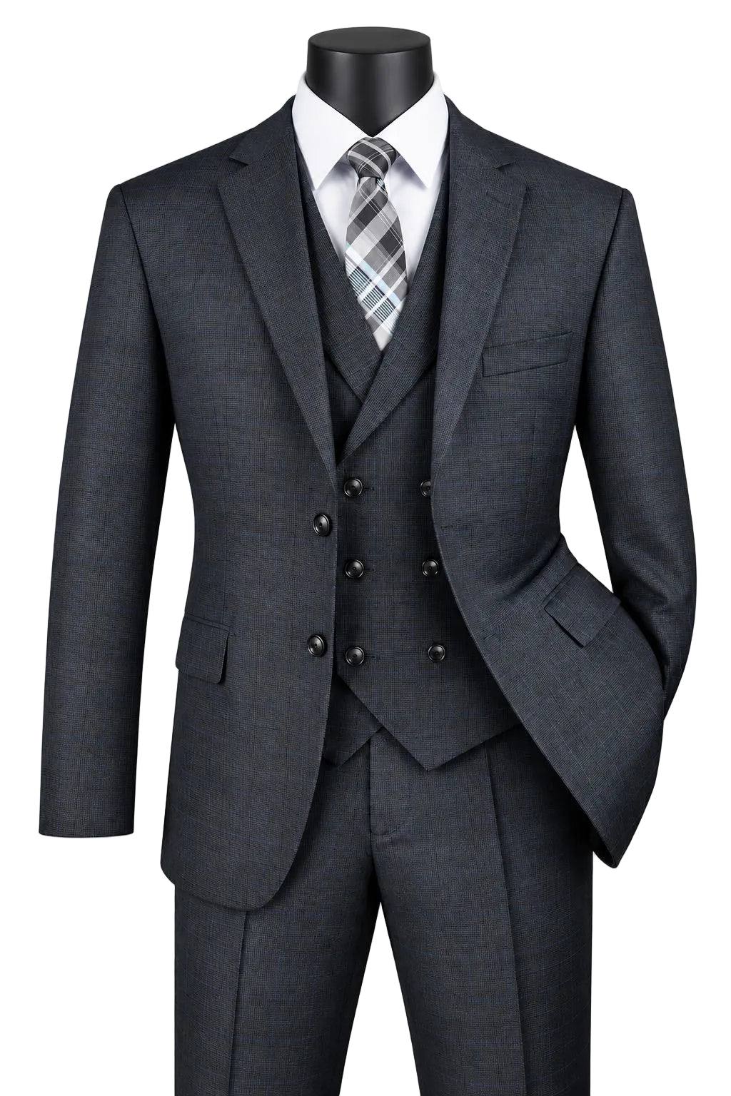 Venetian Collection - Charcoal Regular Fit Glen Plaid 2 Button 3 Piece Suit