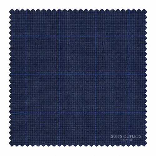 A square fabric swatch of dark navy blue woven material with a subtle blue windowpane plaid pattern, finished with zigzag cut edges, on a white background. The text 'SUITS OUTLETS NEW YORK' is printed in the bottom right corner.