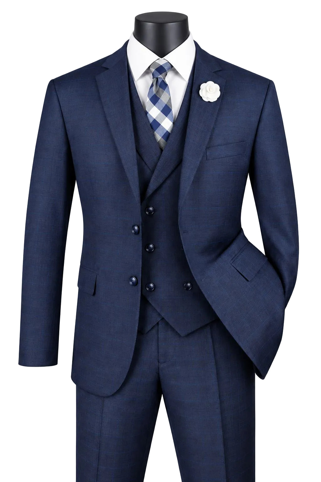 Venetian Collection - Navy Regular Fit Glen Plaid 2 Button 3 Piece Suit