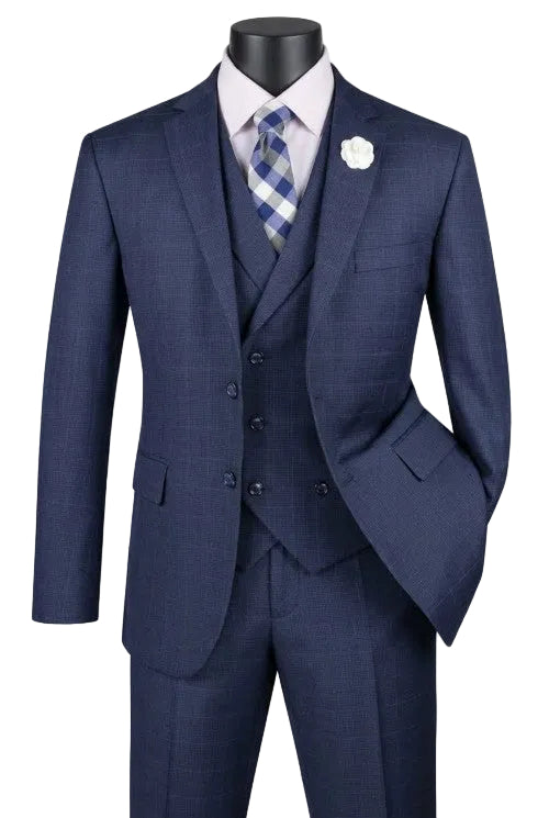 Venetian Collection - Navy Regular Fit Glen Plaid 2 Button 3 Piece Suit