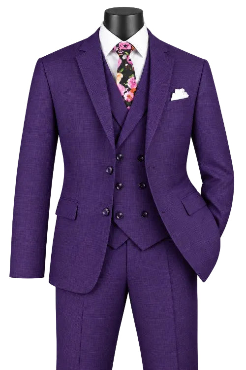 Venetian Collection - Purple Regular Fit Glen Plaid 2 Button 3 Piece Suit