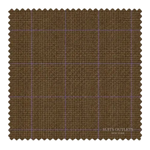 A square fabric swatch with scalloped edges in a brown textured weave, featuring a subtle purple windowpane grid pattern. The text 'SUITS OUTLETS NEW YORK' is printed in the bottom right corner.