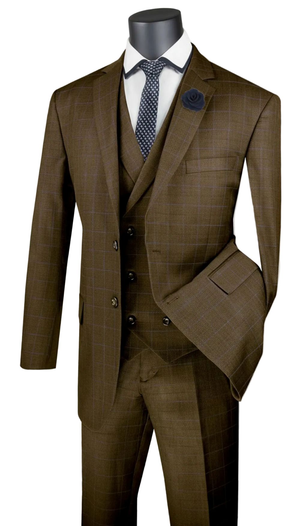 Venetian Collection - Taupe Regular Fit Glen Plaid 2 Button 3 Piece Suit