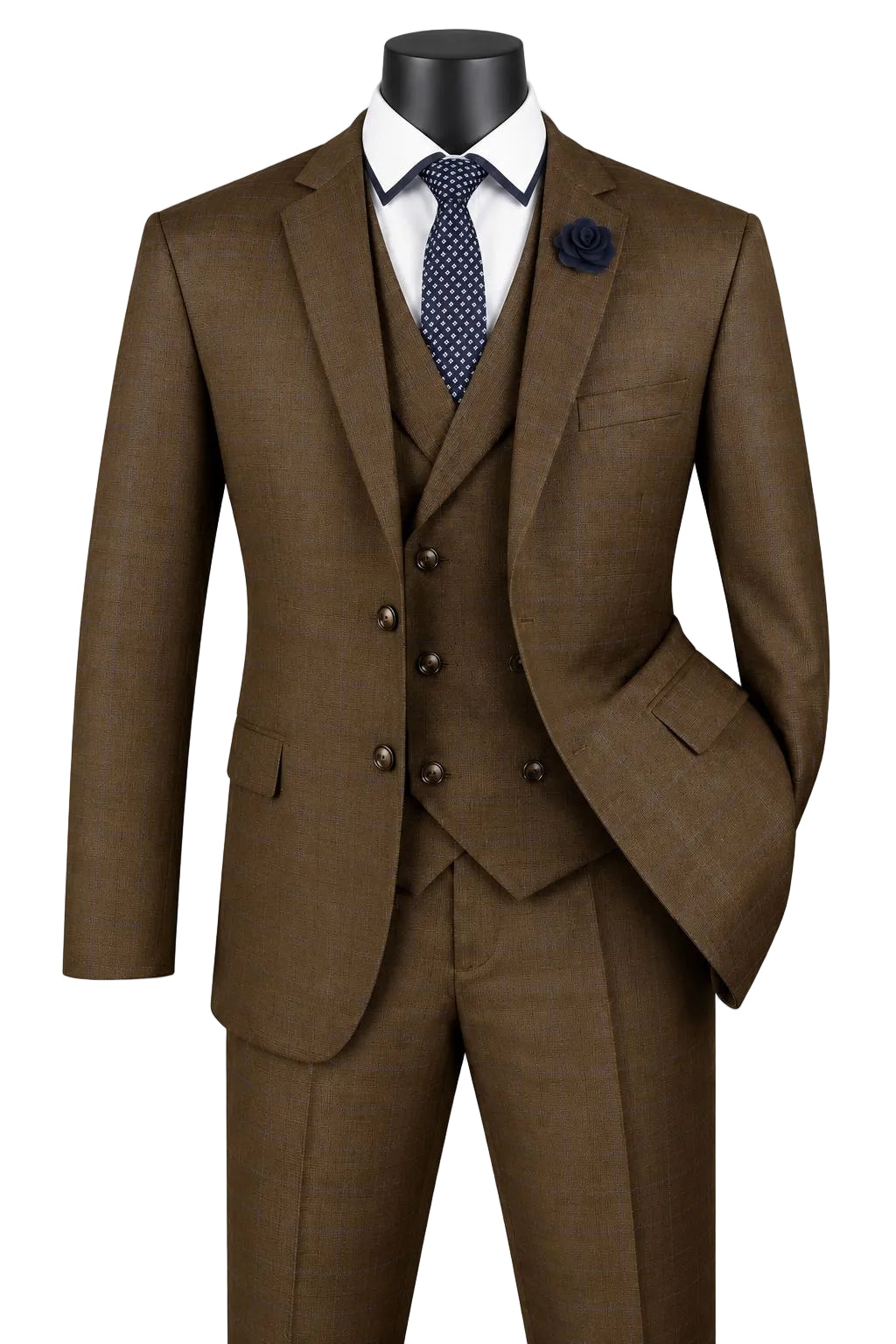 Venetian Collection - Taupe Regular Fit Glen Plaid 2 Button 3 Piece Suit