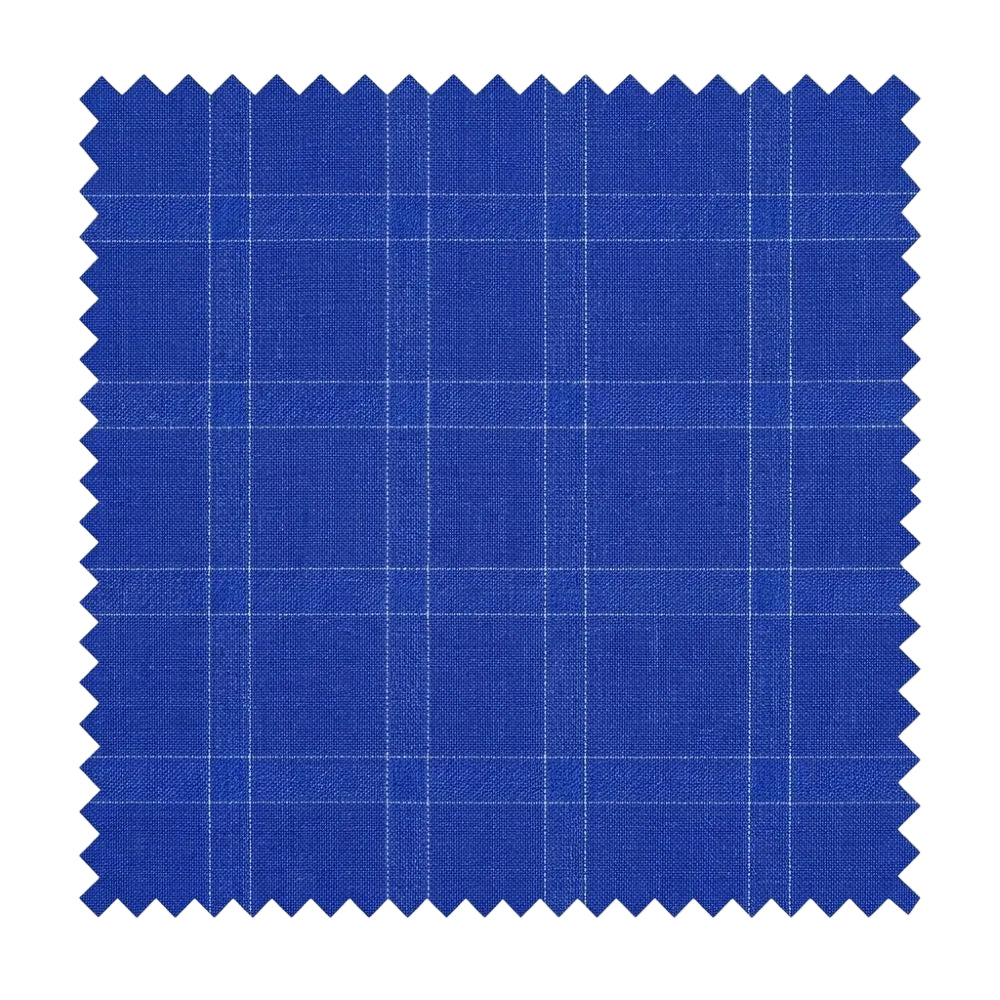 A square fabric swatch with serrated zigzag edges, showing a classic blue material with a subtle white windowpane plaid pattern, isolated on a white background.