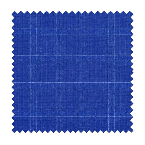 A square fabric swatch with serrated zigzag edges, showing a classic blue material with a subtle white windowpane plaid pattern, isolated on a white background.