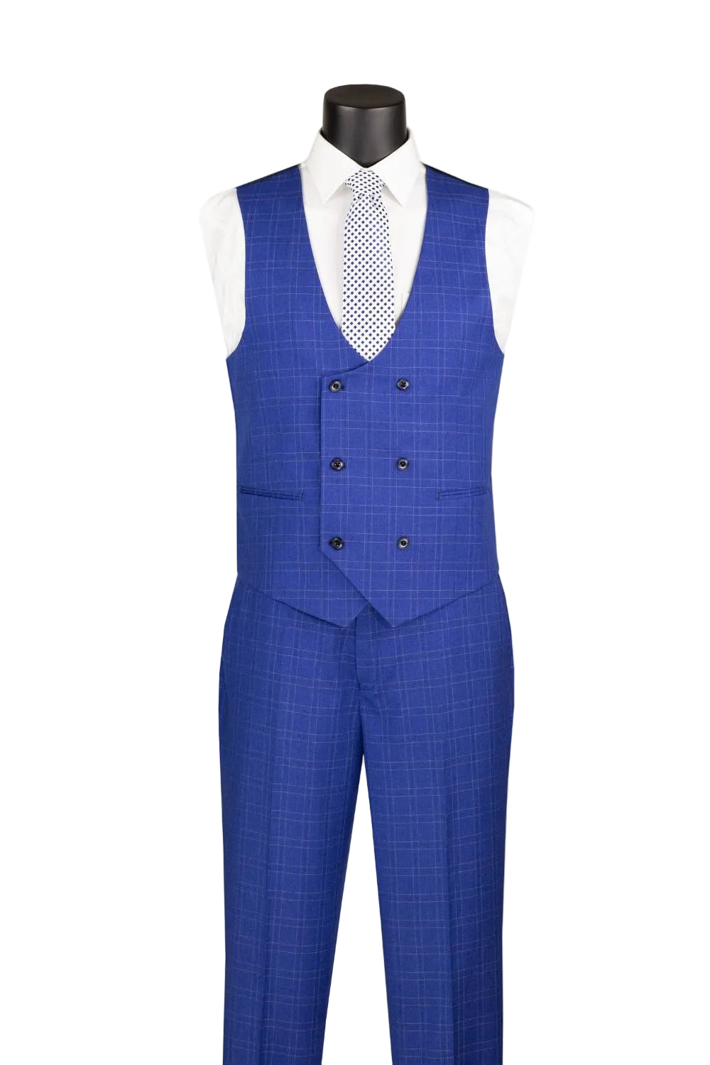 A men's two-piece suit in a vibrant blue windowpane plaid pattern, displayed on a black mannequin torso with a white dress shirt and a light blue patterned tie.