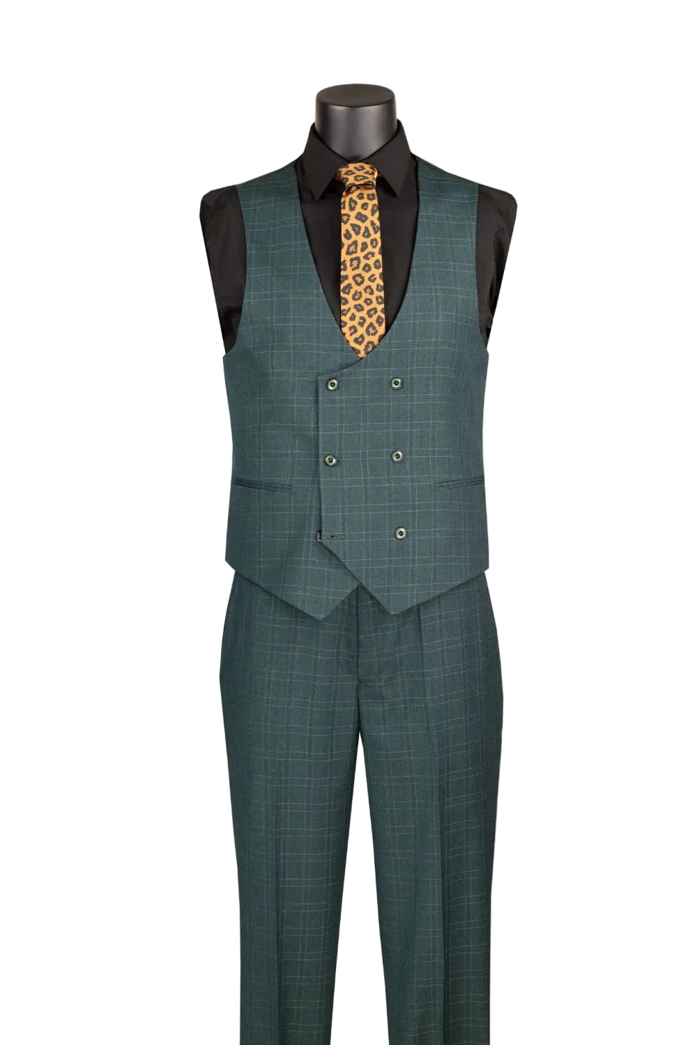A men's three-piece suit displayed on a mannequin, featuring a forest green plaid vest and matching trousers, styled with a black dress shirt and a brown and gold leopard print tie.