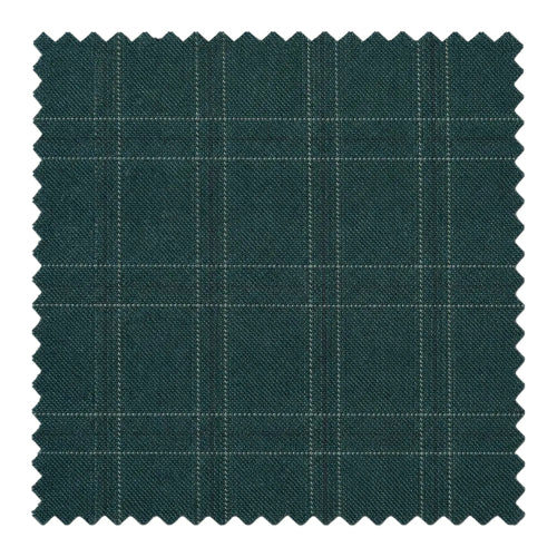 A square fabric swatch with serrated edges, showing a dark teal green woven material with a subtle light gray windowpane plaid pattern, isolated on a white background.