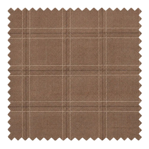 A square fabric swatch with scalloped edges, showing a brown plaid pattern with thin beige intersecting lines on a white background.