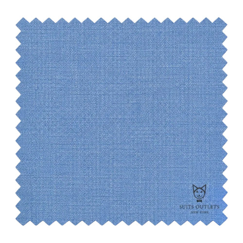 A square fabric swatch with zigzag-cut edges in a medium blue woven material, featuring a small black 'SUITS OUTLETS' logo in the lower right corner, set against a plain white background.