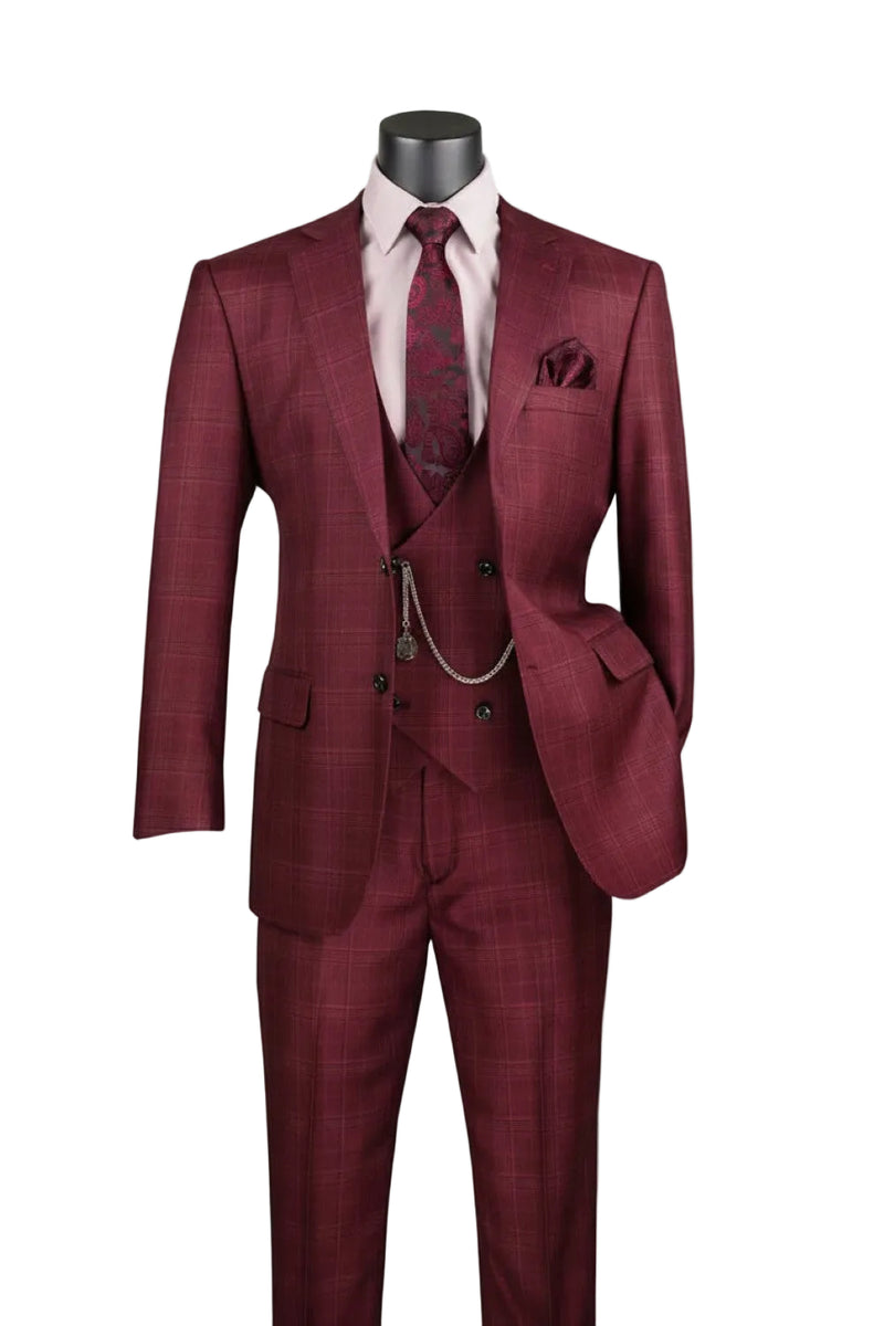 Burgundy Glen Plaid 3 Piece Suit - Regular Fit with Vest | SUITS OUTLETS |  Suits Outlets Men's Fashion