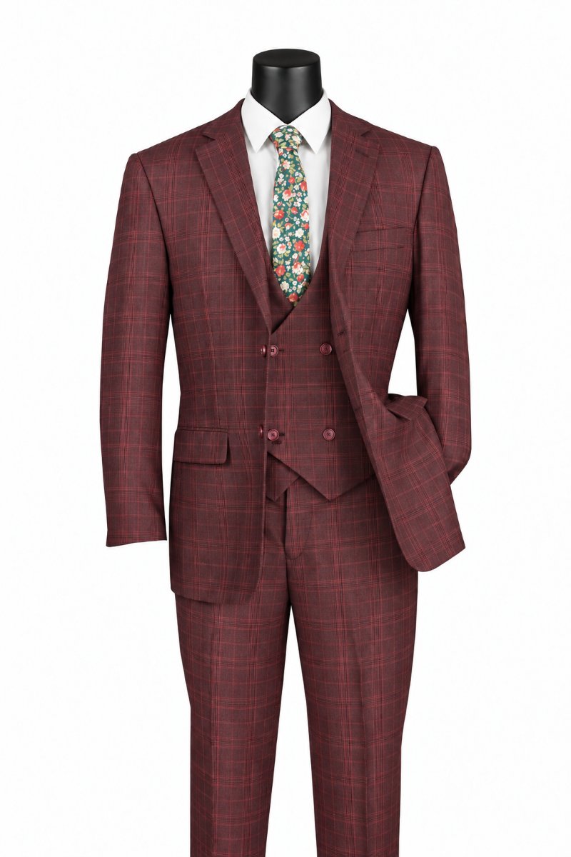 Renaissance Collection - Regular Fit Glen Plaid 3 Piece Suit Burgundy