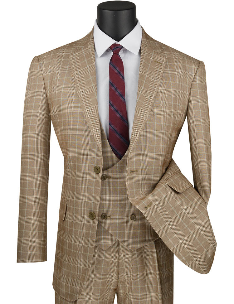 Renaissance Collection - Regular Fit Glen Plaid 3 Piece Suit Camel