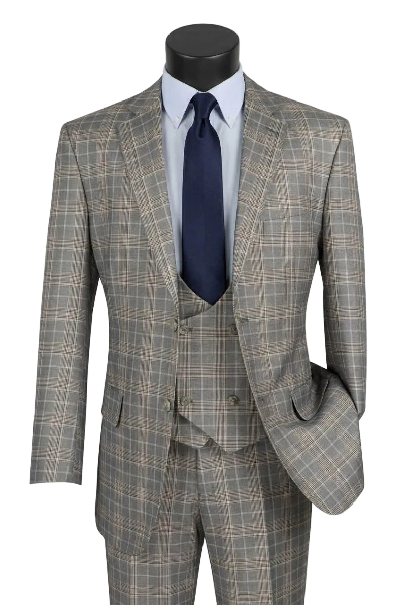 Renaissance Collection - Regular Fit Glen Plaid 3 Piece Suit Gray
