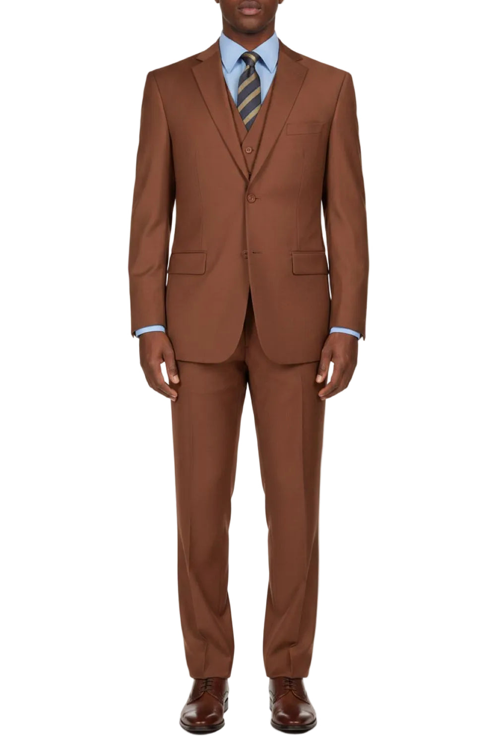 Cognac suit with a striped tie on a white background