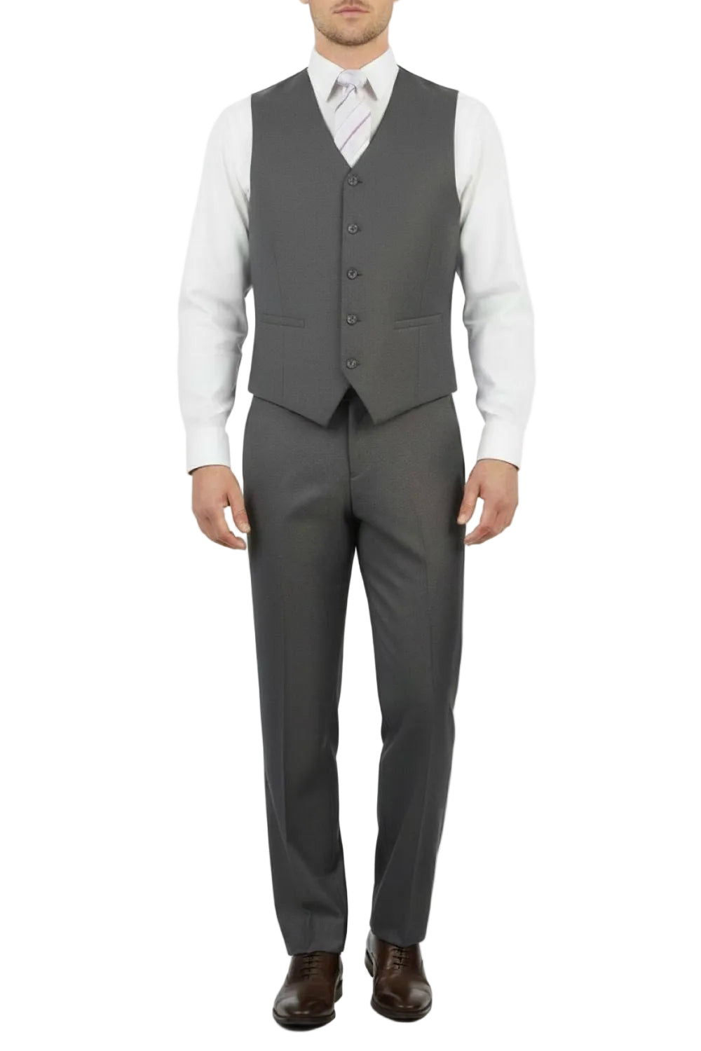 Man wearing a gray suit vest and pants with a white shirt on a white background