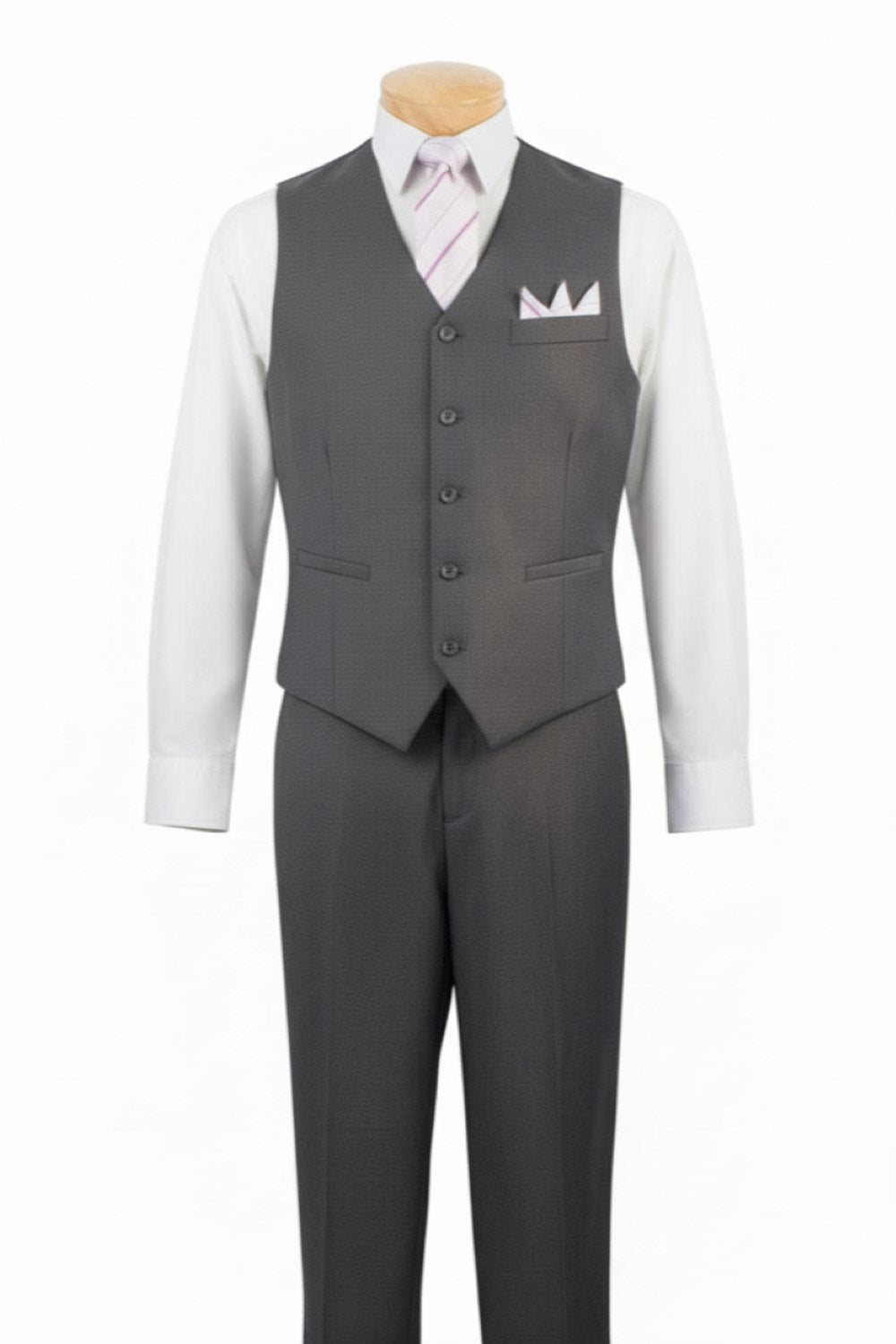 Heather Gray suit with vest and white shirt on a mannequin against a white background