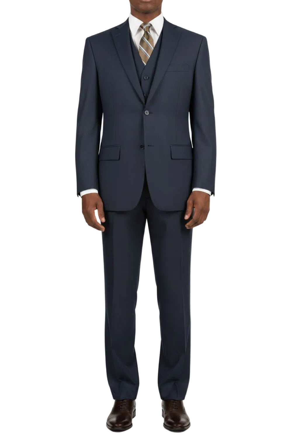 Navy suit with a white shirt and brown tie on a white background