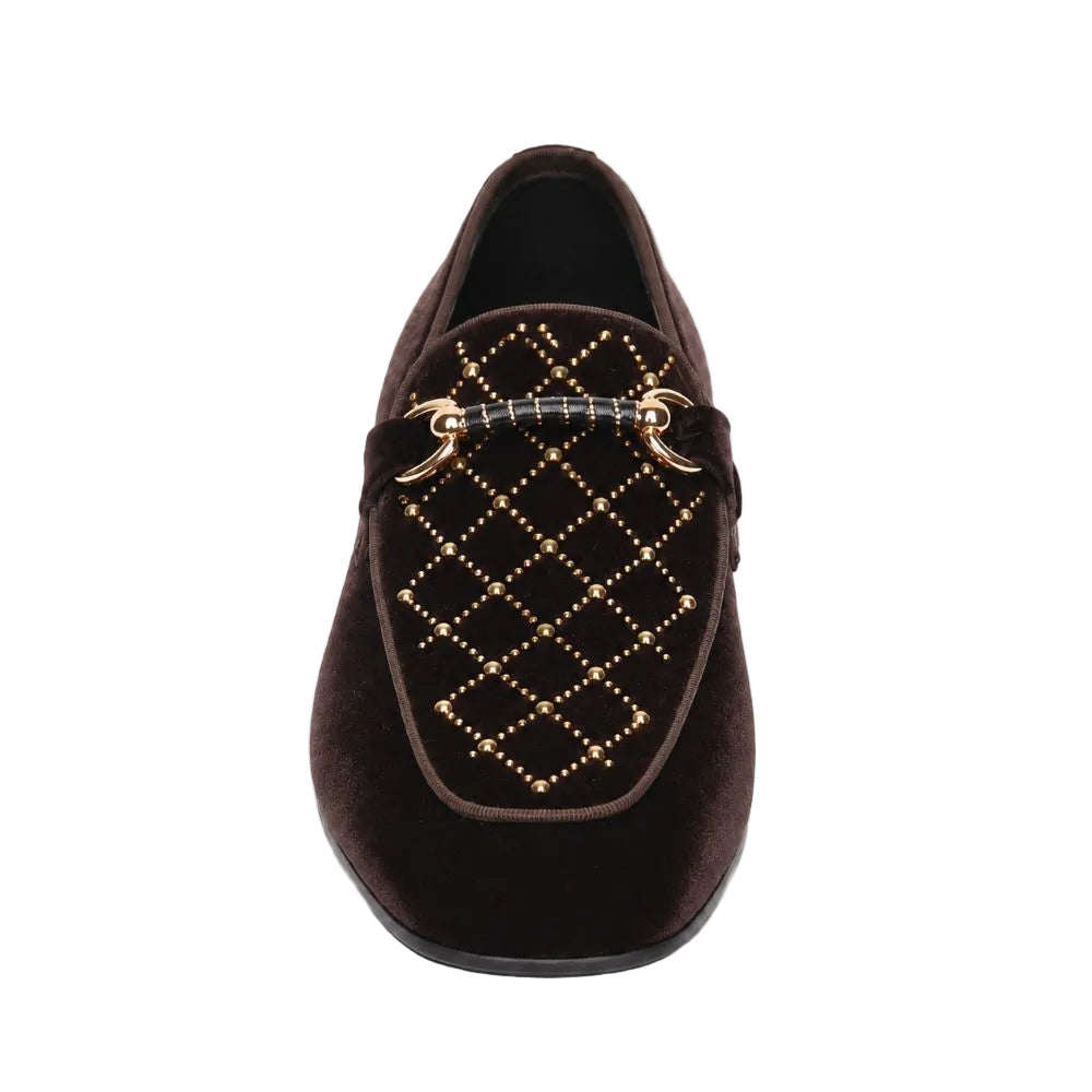 A single dark brown velvet loafer with a quilted diamond pattern of gold studs and a matching gold horsebit detail across the vamp, shown against a plain white background.