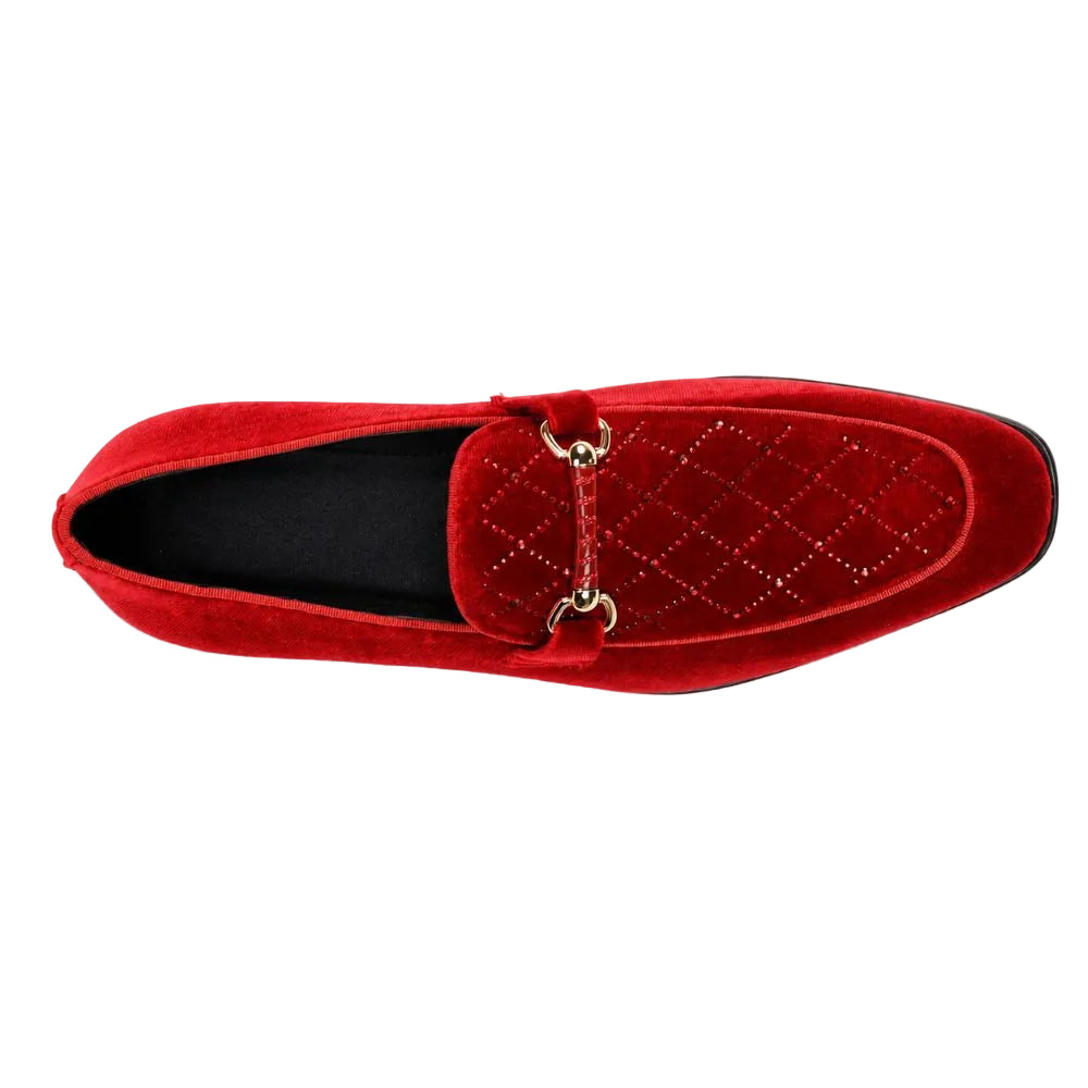 A single red velvet loafer with a quilted diamond pattern on the vamp and gold-tone metal hardware, shown from a top-down view on a white background.