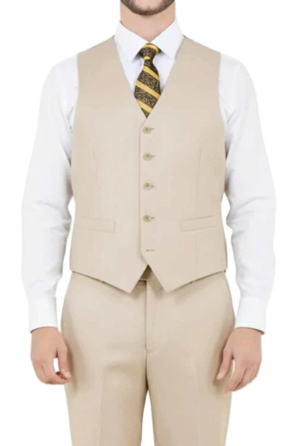 Man wearing a beige vest and pants with a white shirt and yellow tie on a white background