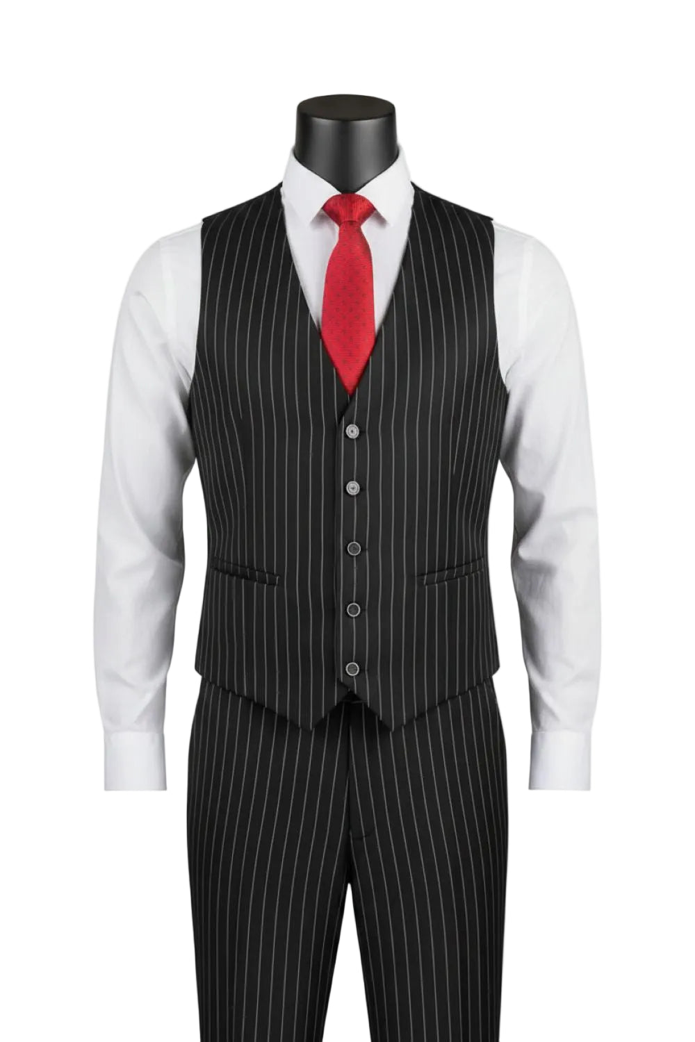 Black pinstripe vest with a red tie on a mannequin against a white background