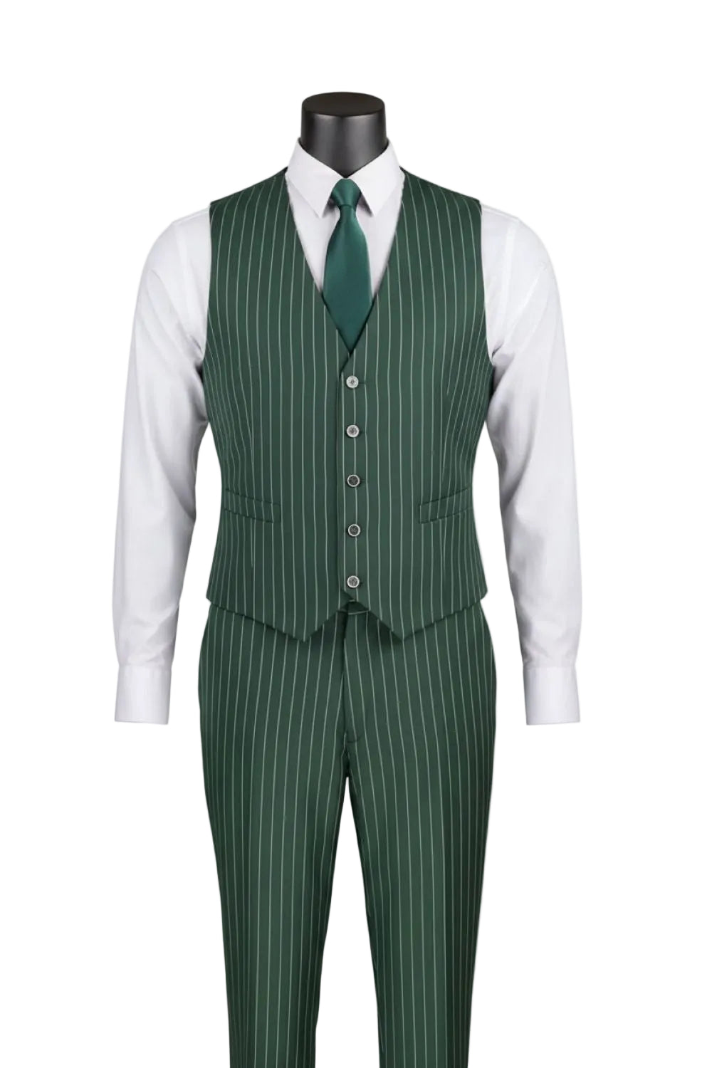 Green pinstripe suit with vest and tie on a mannequin against a white background