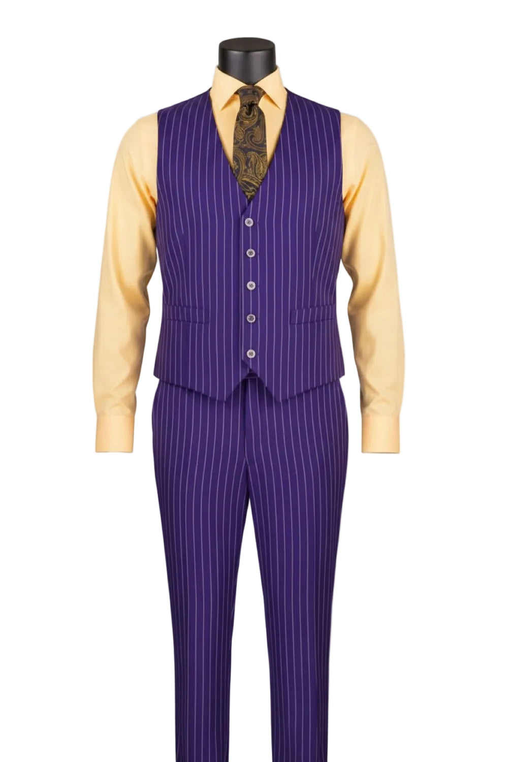 Purple pinstripe suit on a mannequin with a white background