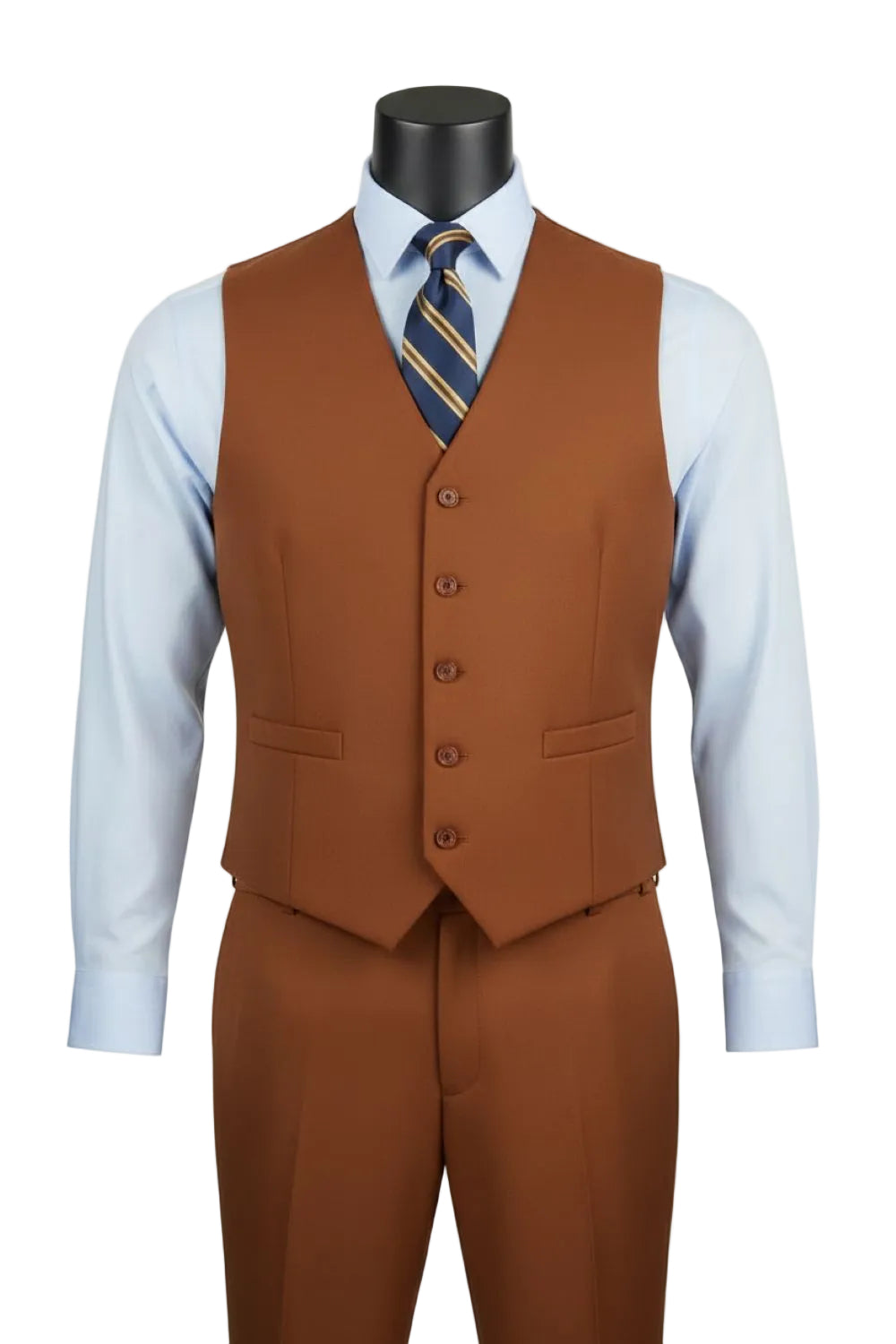 Brown suit vest with matching pants on a mannequin against a white background