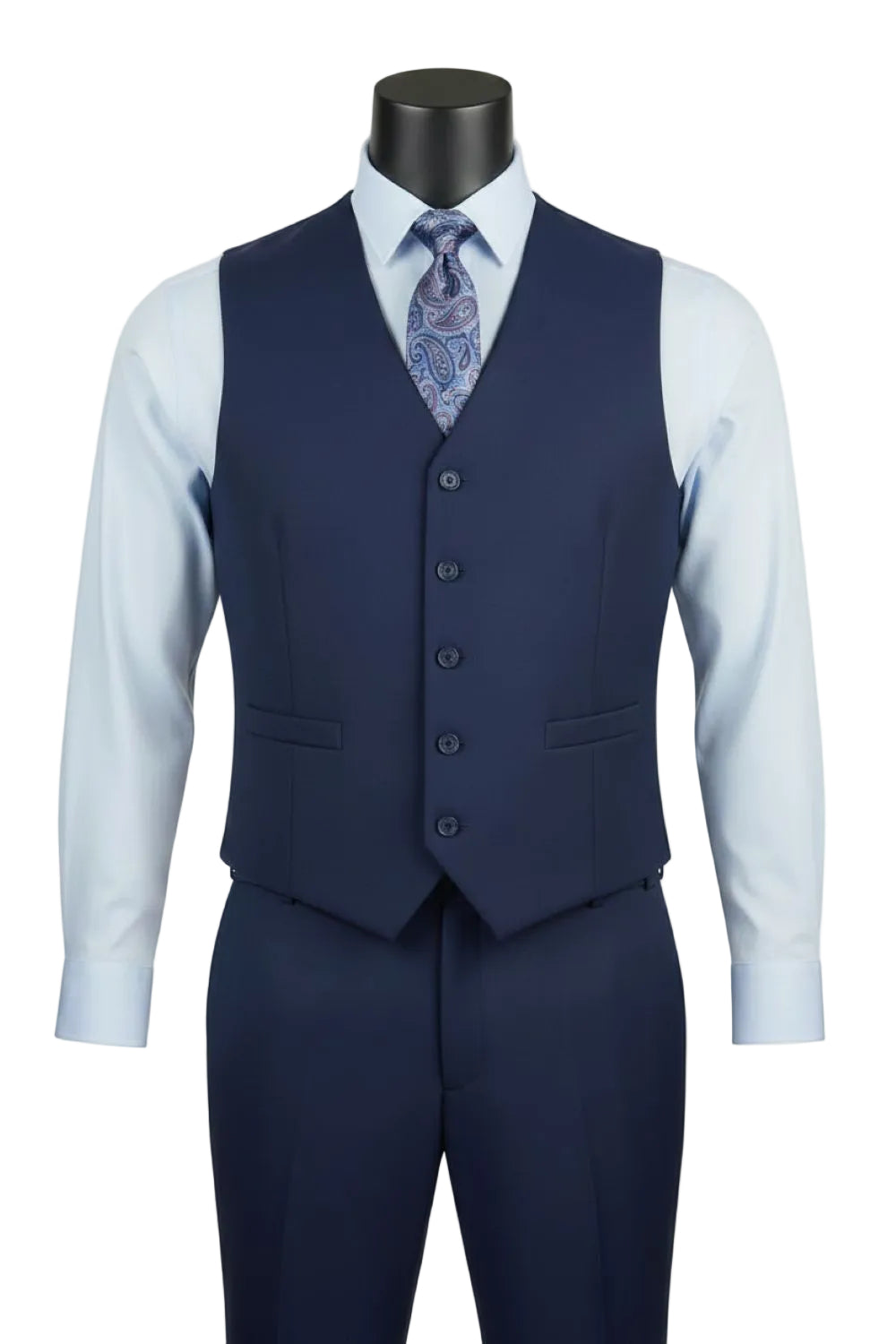 Navy blue suit vest on a mannequin with a white shirt and patterned tie.
