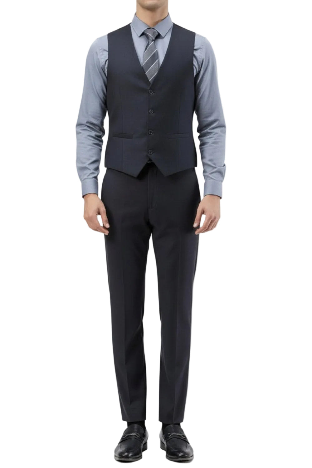 Man wearing a gray suit with a vest on a white background