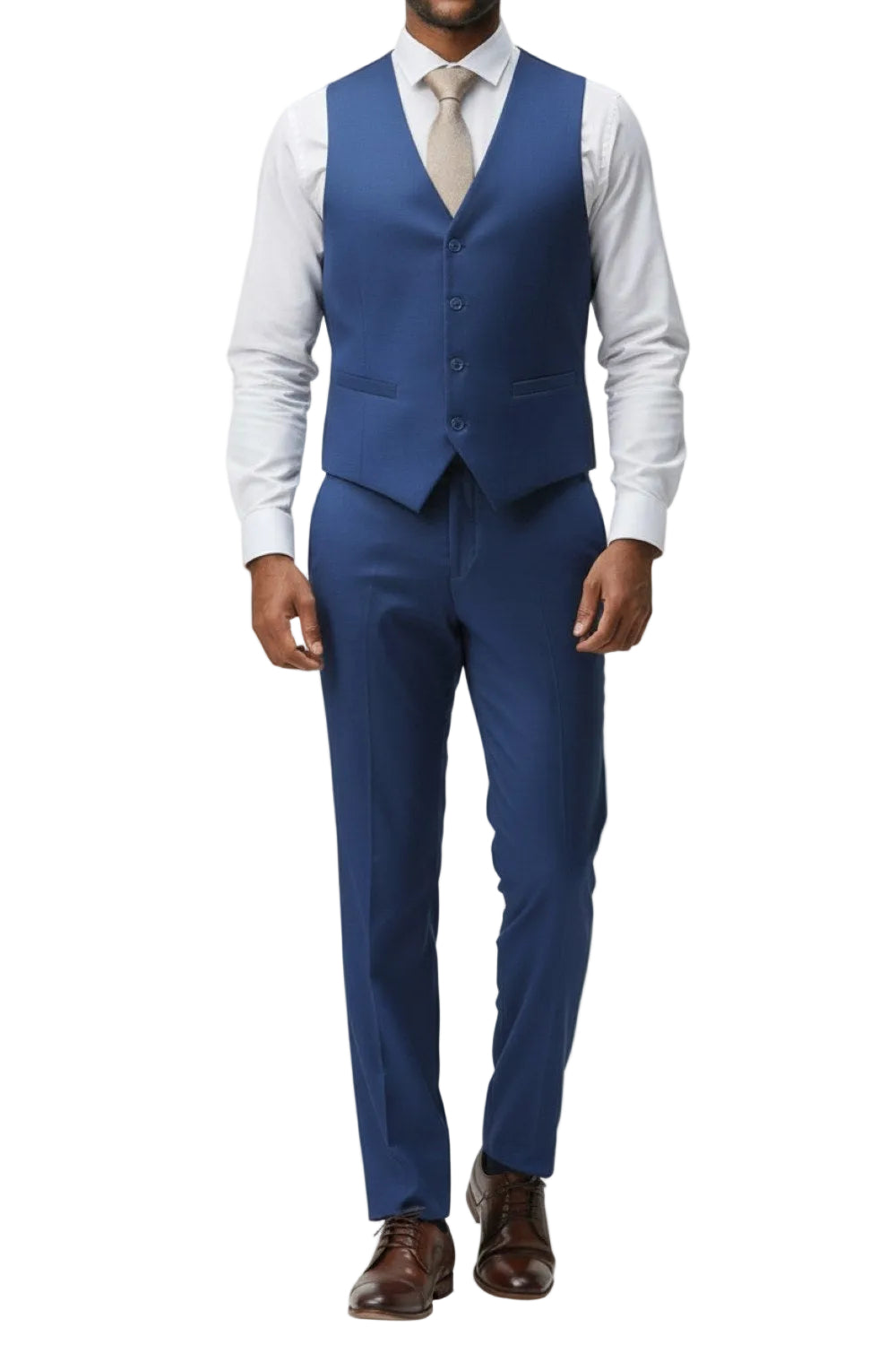 Man wearing a blue suit vest and pants with a white shirt on a white background