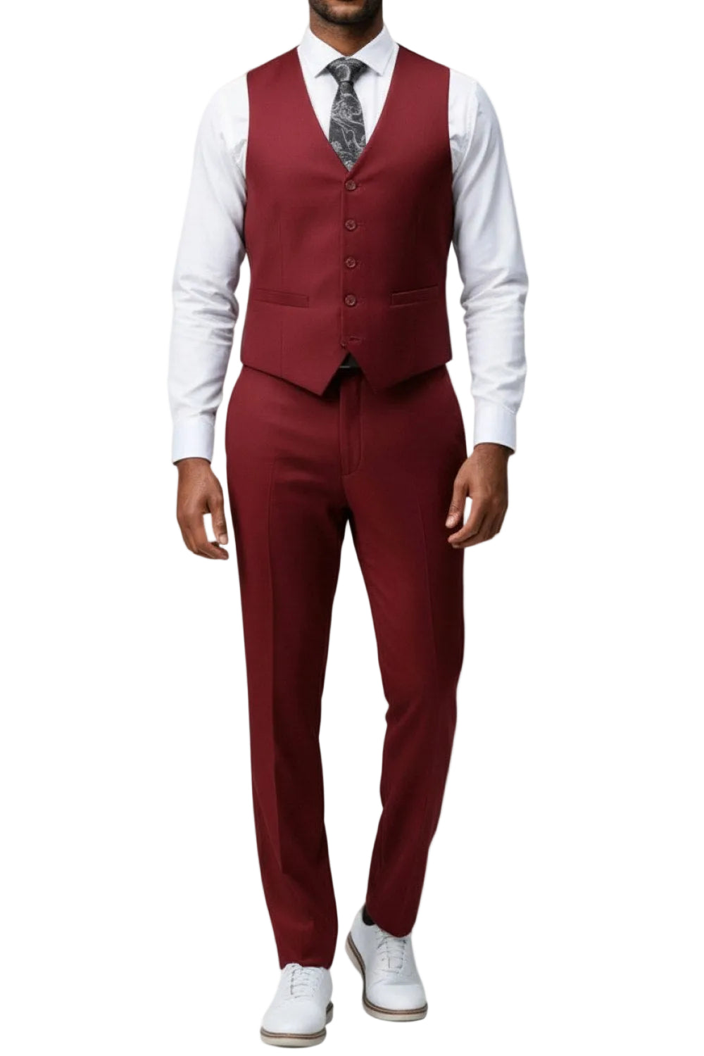 Maroon suit with white shirt and tie on a white background