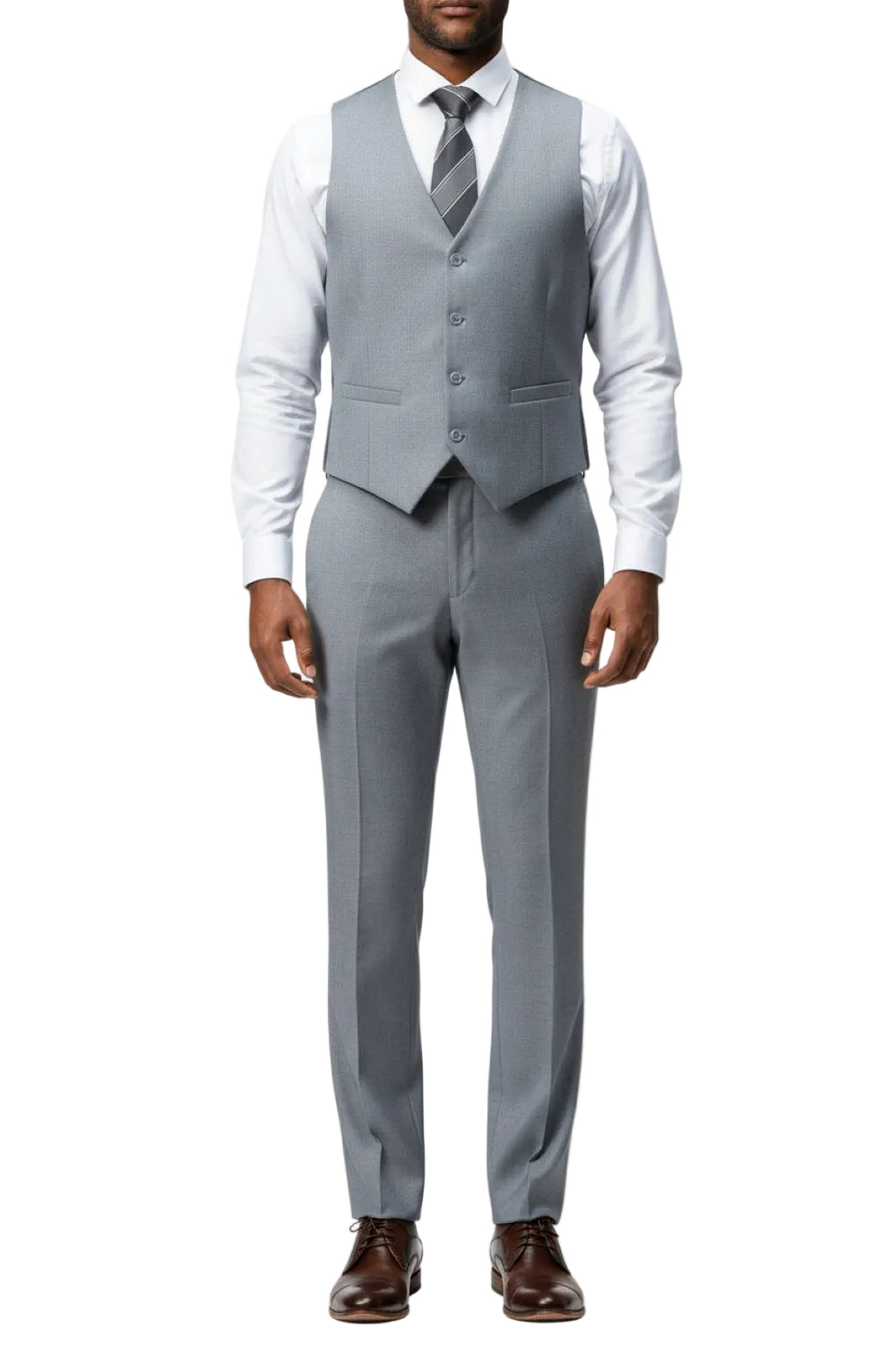 Gray suit with vest and white shirt on a white background