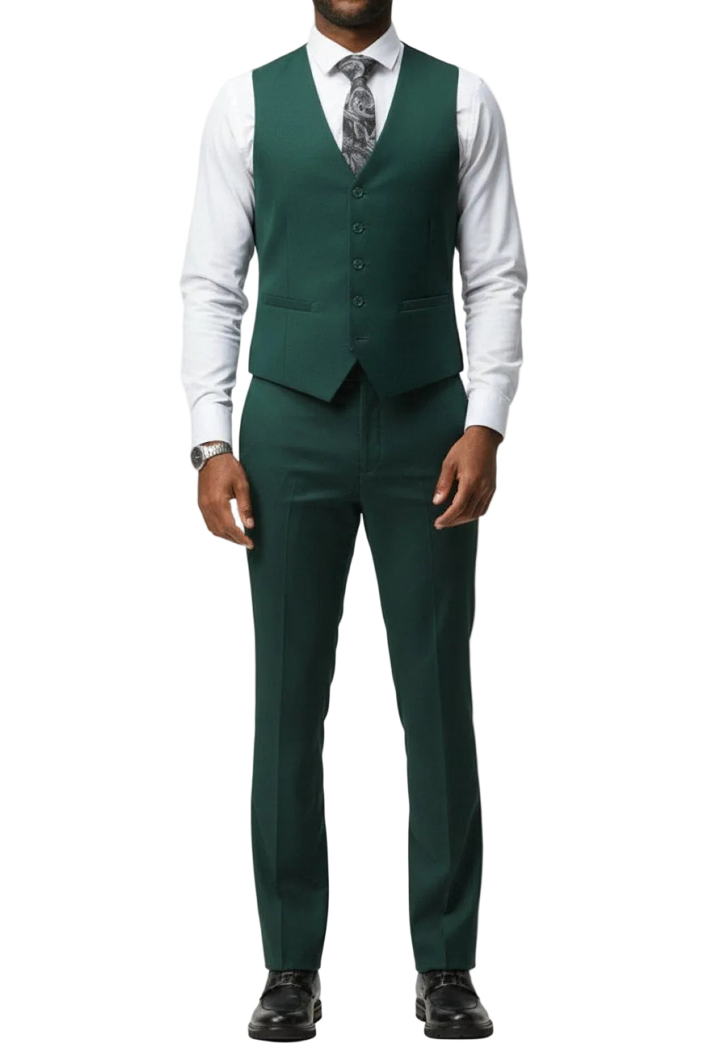 Green suit vest and pants with a white shirt and tie on a white background