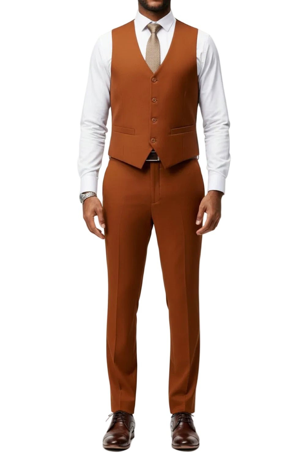 Man wearing a brown suit vest and pants with a white shirt and tie on a white background