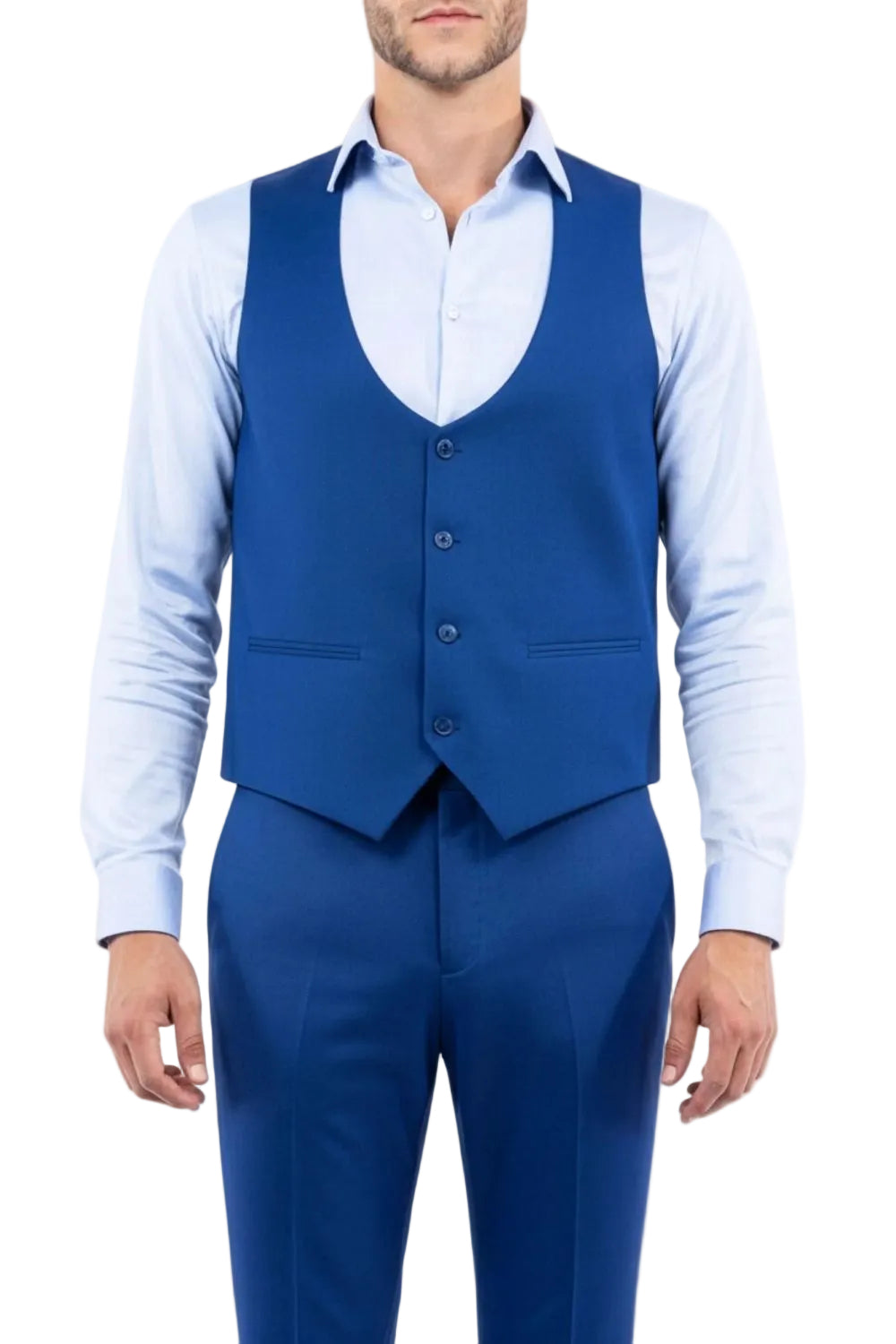 Man wearing a blue suit vest and pants with a light blue shirt on a white background