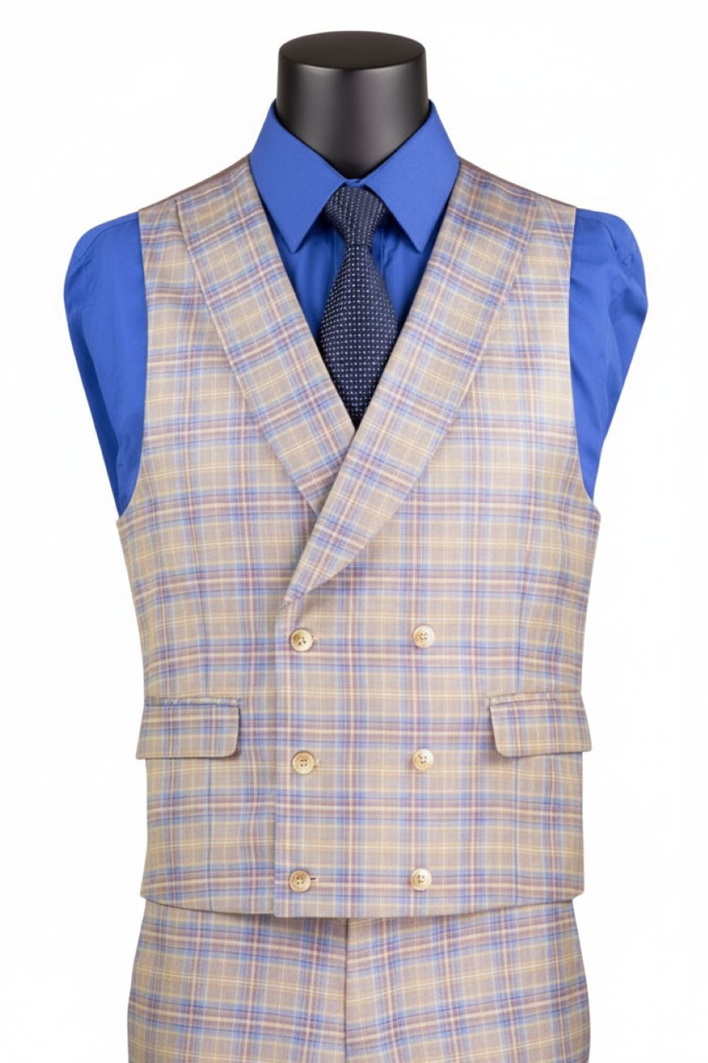 Plaid vest over a blue shirt on a mannequin with a white background