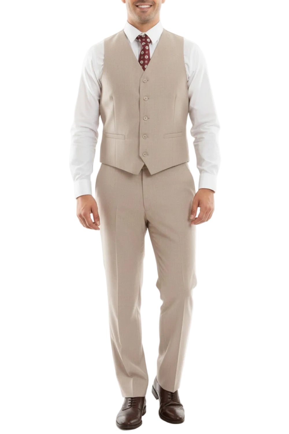 Man wearing a beige suit with a white shirt and brown shoes on a white background