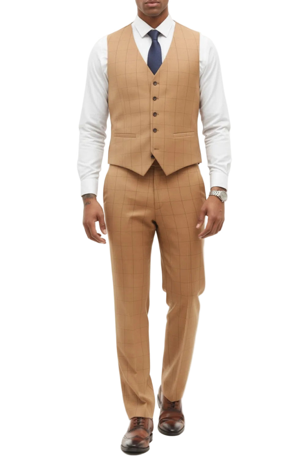 Man wearing a rust suit with a white shirt and brown shoes on a white background