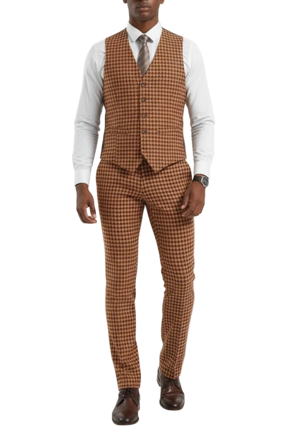 Man wearing a orange checkered suit with a white shirt and brown shoes on a white background