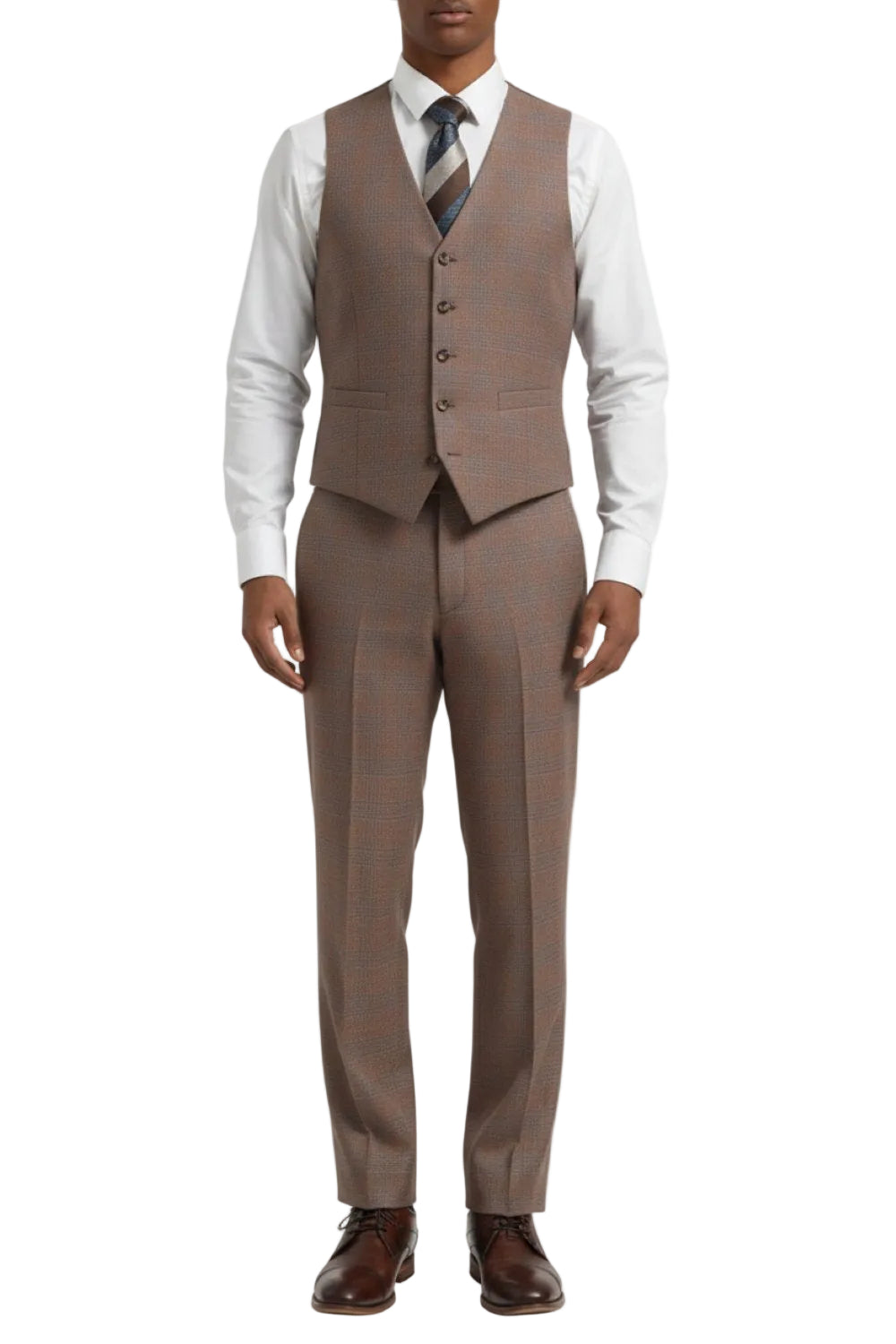 Brown checkered suit with vest on a white background