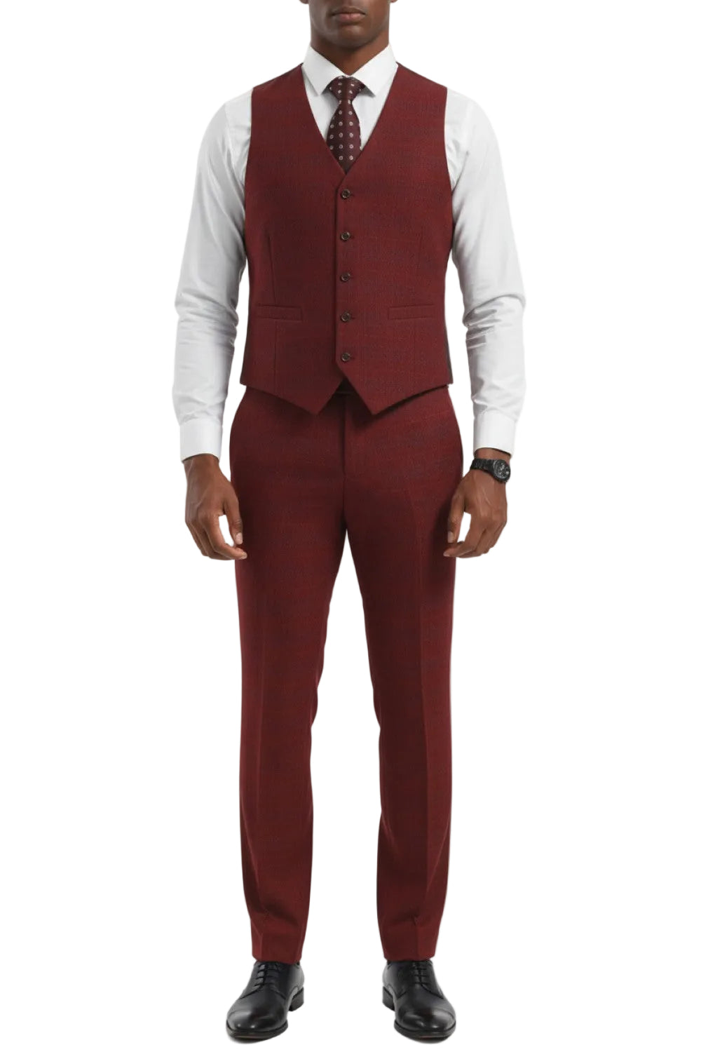 Man wearing a burgundy suit with a white shirt and patterned tie on a white background