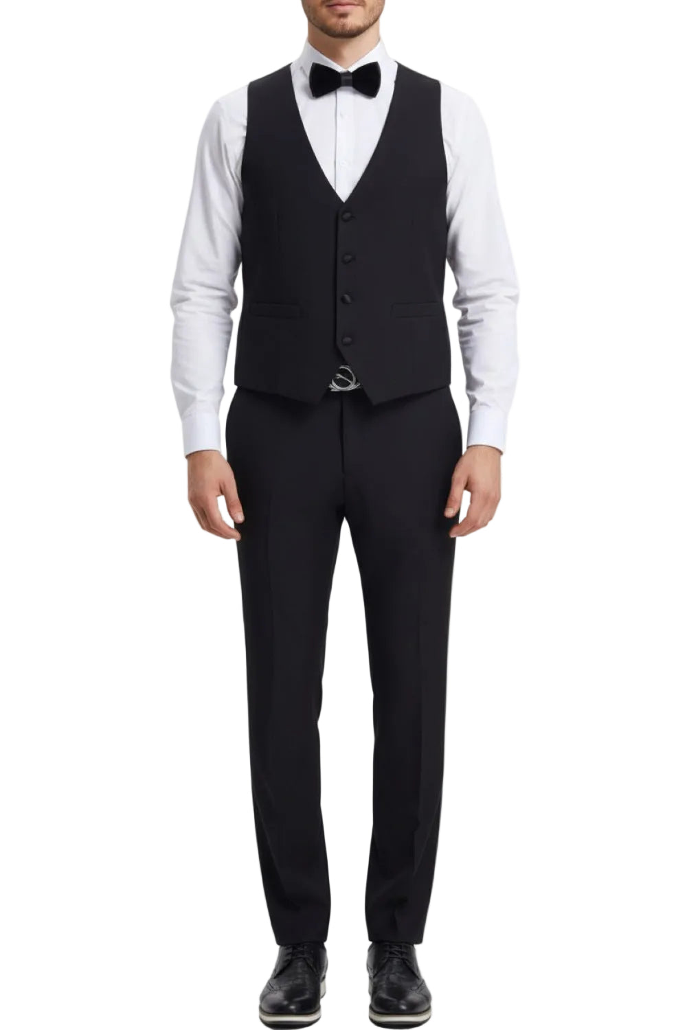 Black vest and pants suit with a white shirt and bow tie on a white background