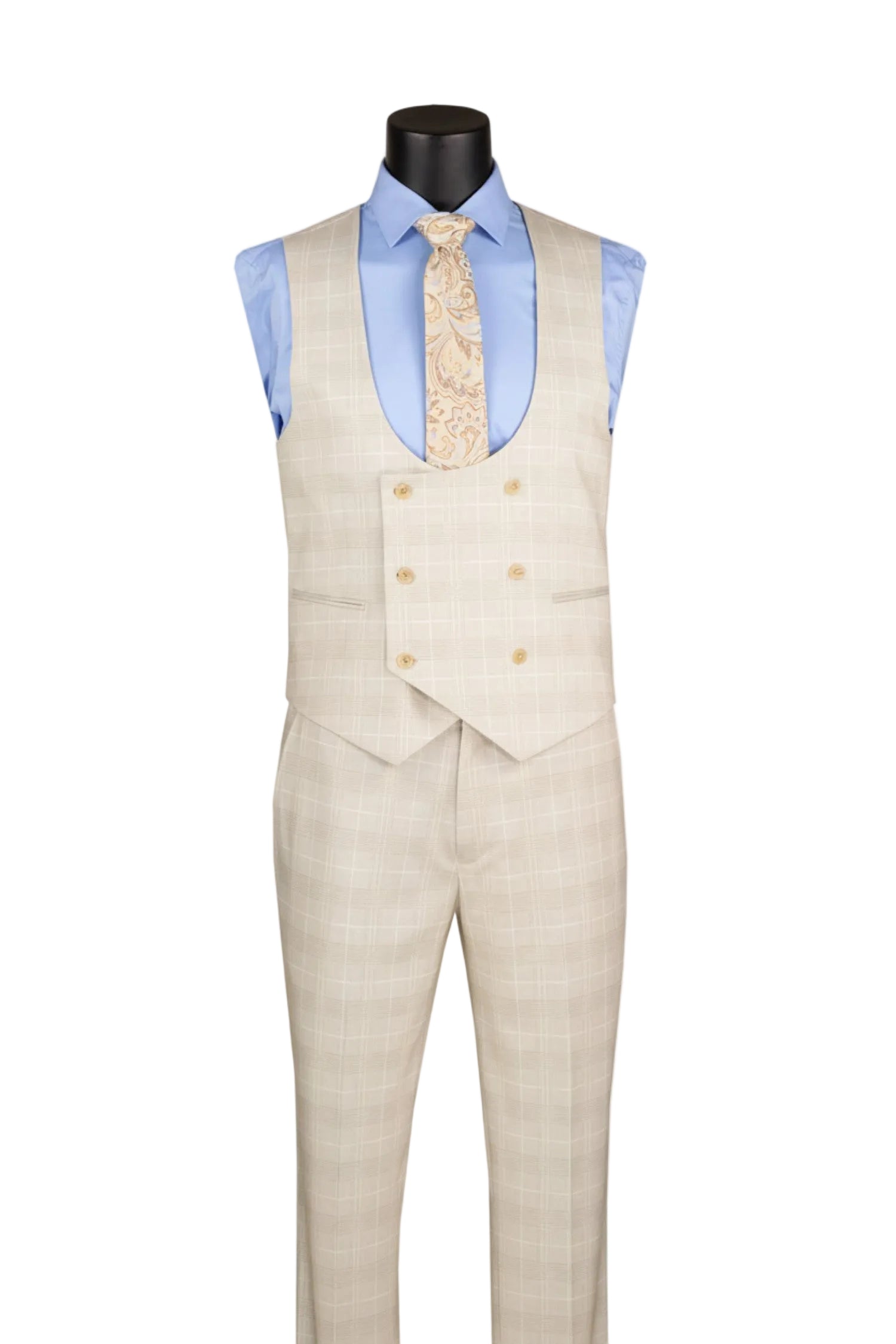 Beige vest and pants set with a light blue shirt and patterned tie on a mannequin against a white background.