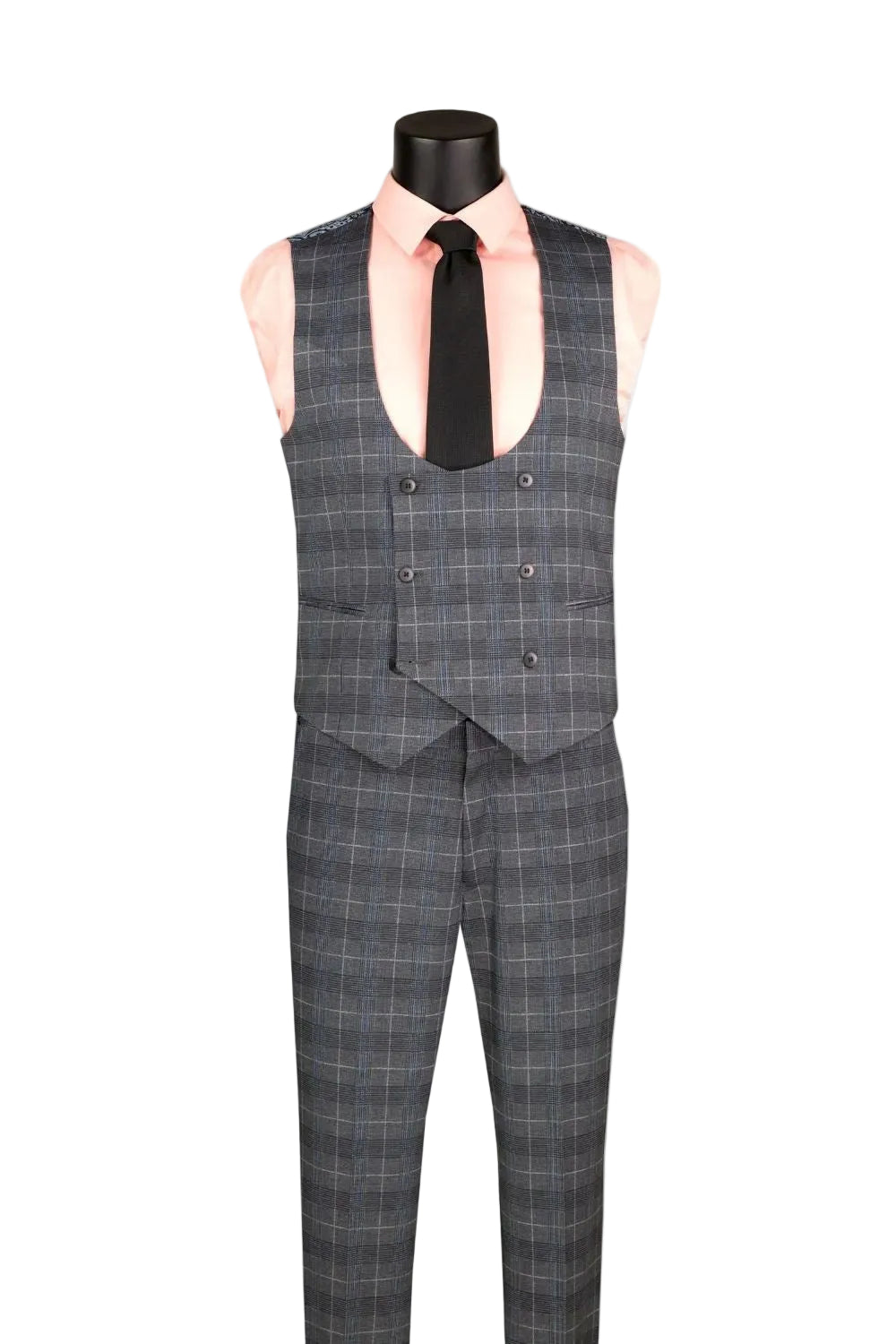 Gray checkered suit on a mannequin with a white background