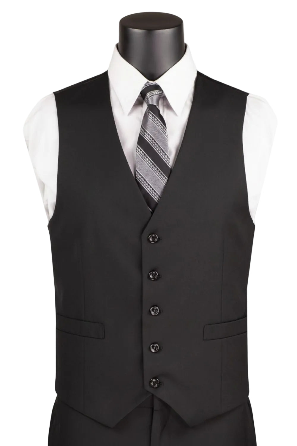 Black vest with buttons on a mannequin against a white background